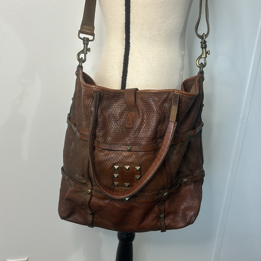Campomaggi Large Studded Leather Purse Tote Bag Perforated Brown Cognac - Picture 3 of 14